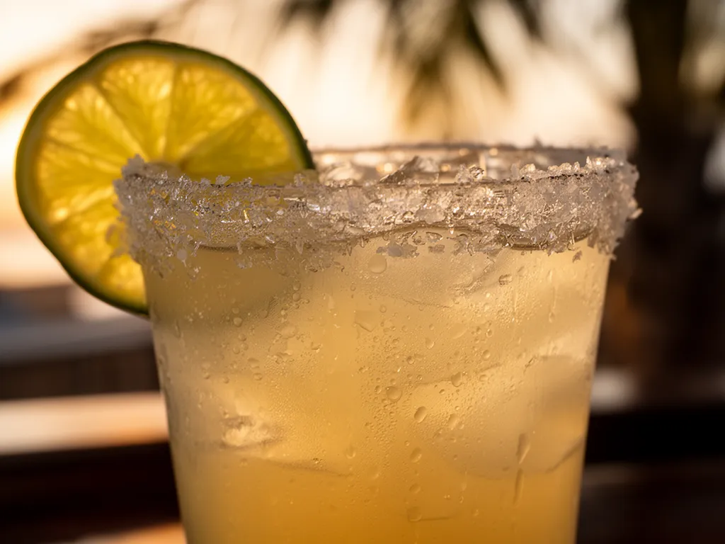 A margarita with a salted rim and lime on a bar top