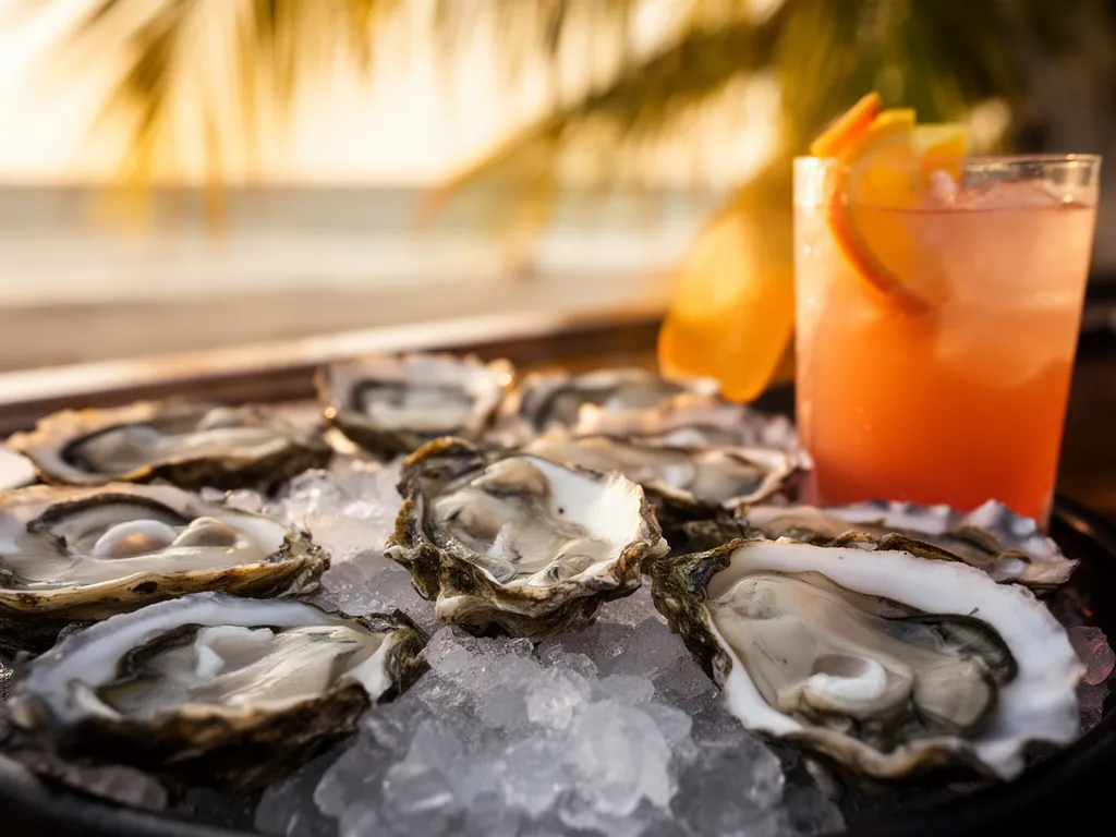 Fresh oysters on ice beside a spritz at a Sarasota bar