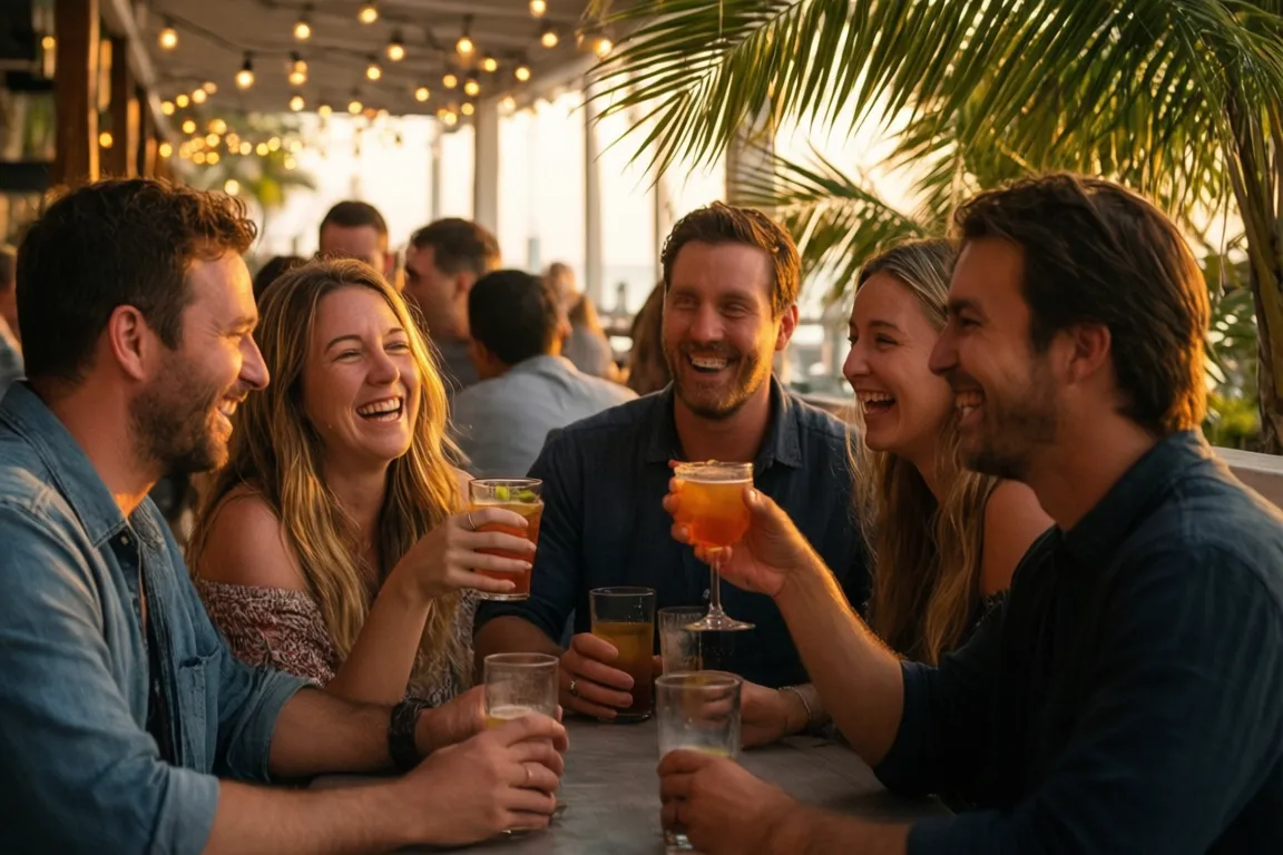 Friends laughing with drinks at a warm Sarasota patio bar at golden hour