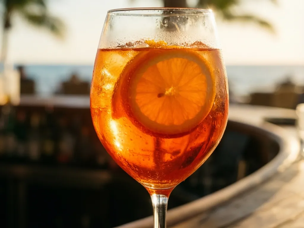 A bright orange spritz with an orange slice on a sunny bar top