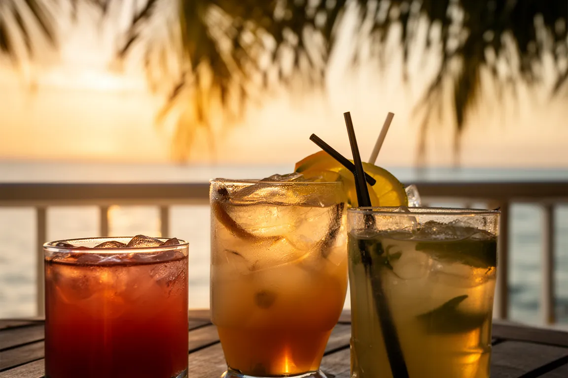 Cocktails on a Sarasota waterfront patio table at sunset with palms and water behind