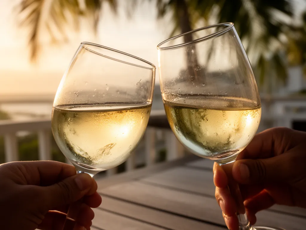 A glass of white wine on a railing overlooking calm Longboat Key bay water at golden hour