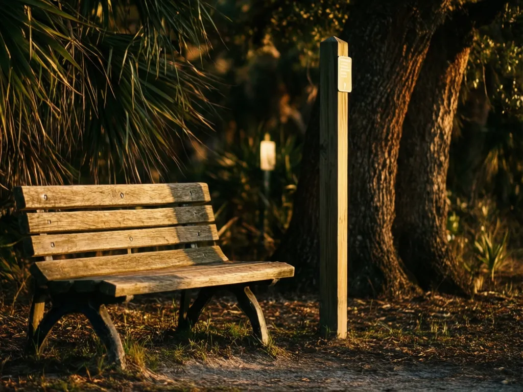 A shaded bench and trail marker on the Legacy Trail