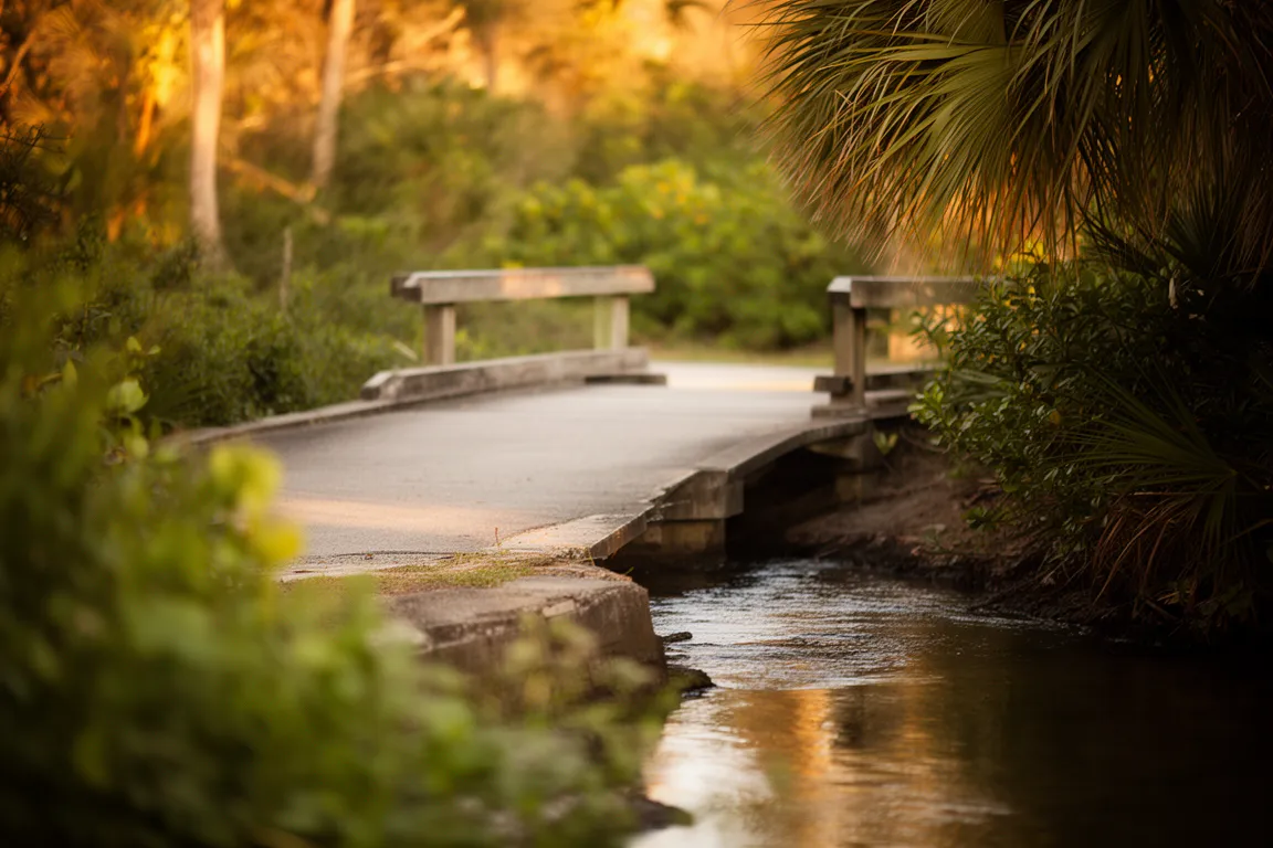 Cyclists crossing a Legacy Trail bridge over calm water at sunset