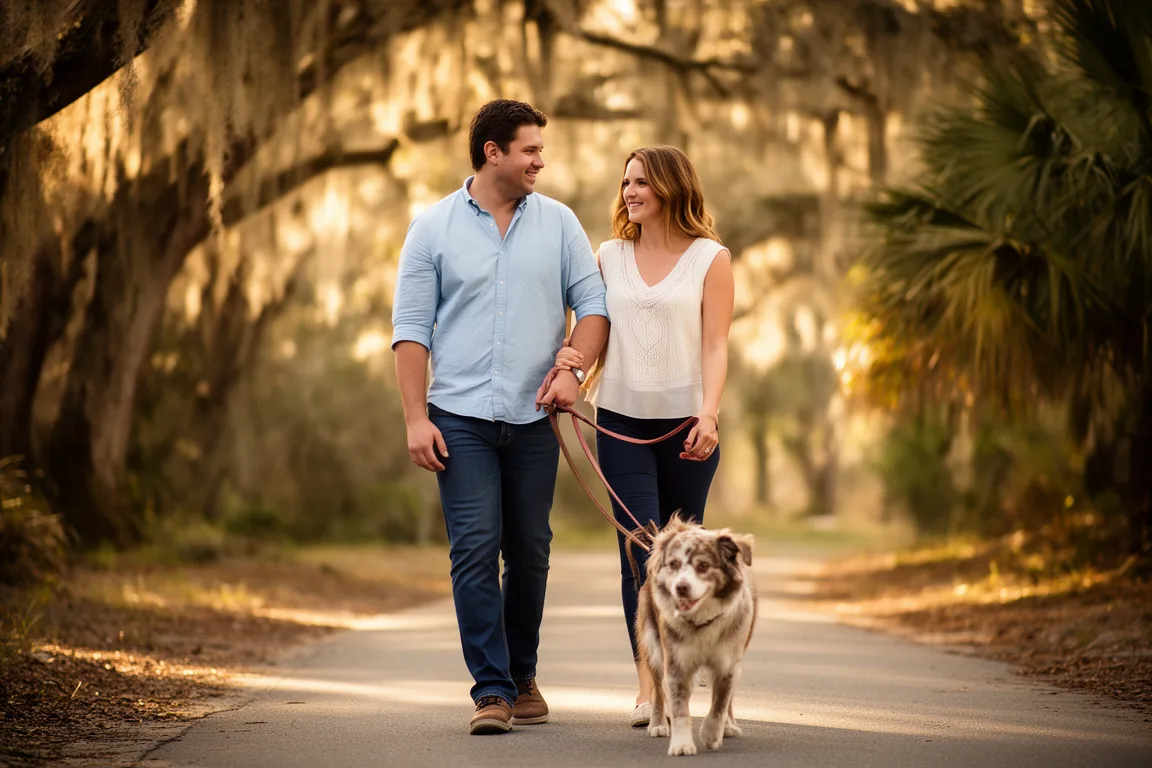 A couple walking a leashed dog on the Legacy Trail under oaks