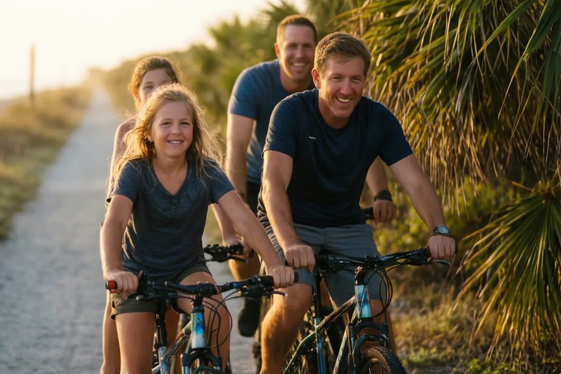 A family biking together on the paved Legacy Trail in Sarasota
