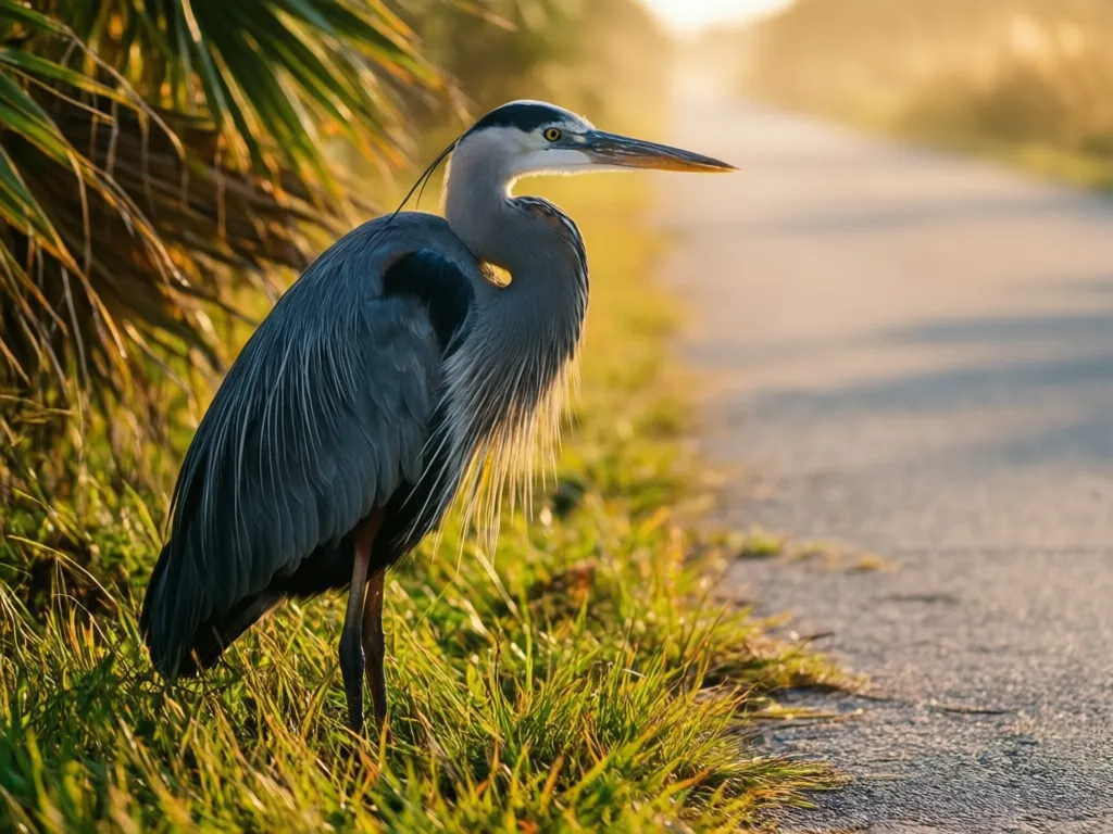 A great blue heron beside the Legacy Trail