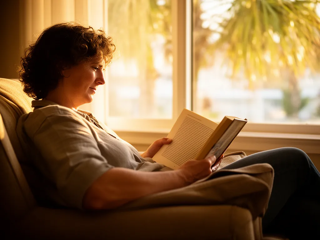 A person reading in an armchair by a sunny library window