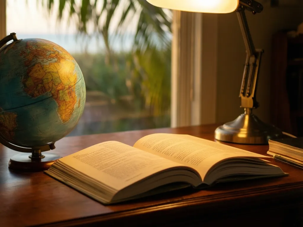 A warm library study corner with an open book and reading lamp