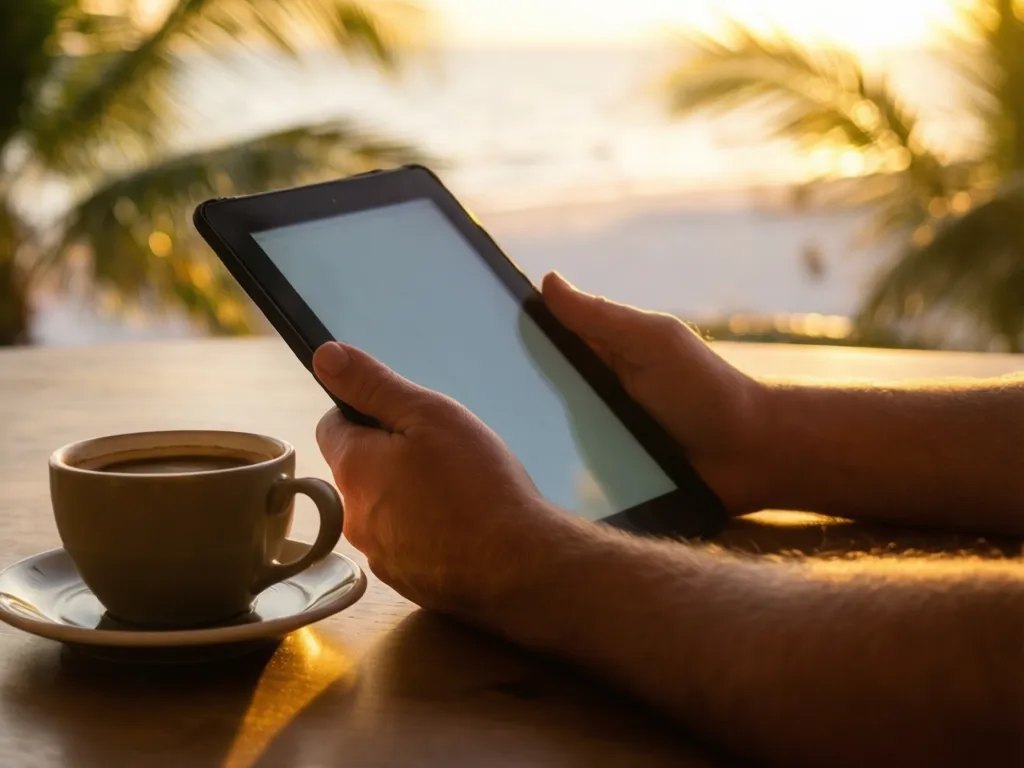 Hands holding a tablet e-reader with a coffee