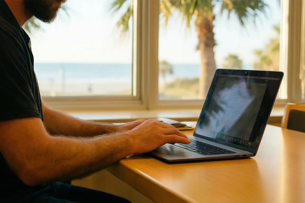 Someone working on a laptop at a bright library table