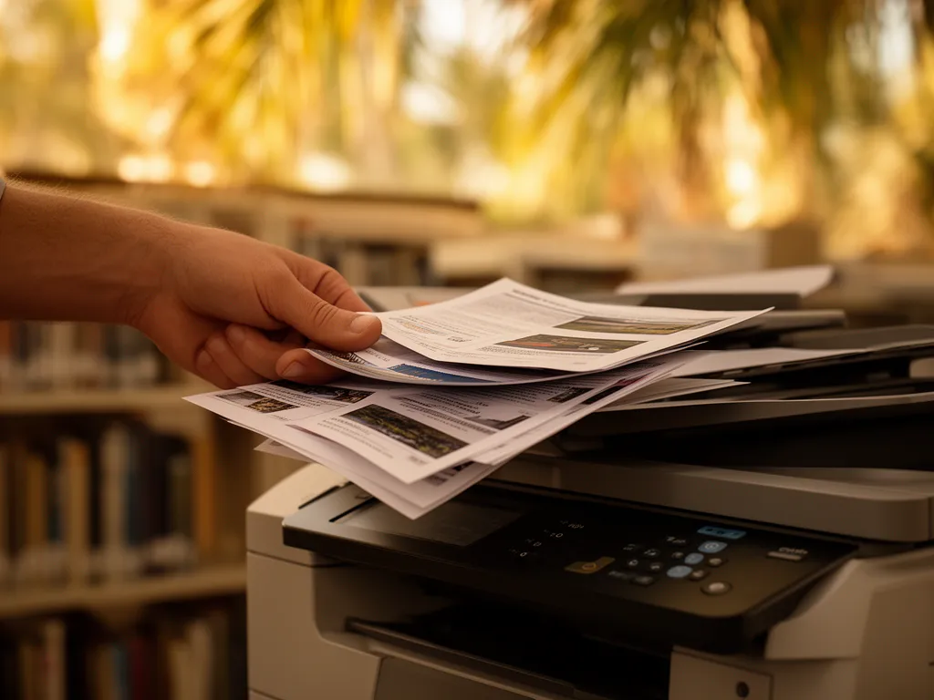 A hand collecting a printed page at the library