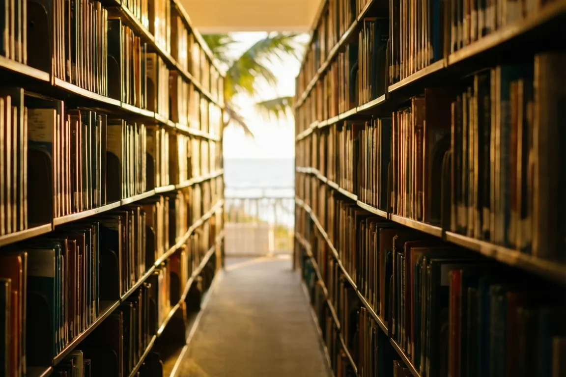 A cozy aisle of tall library bookshelves