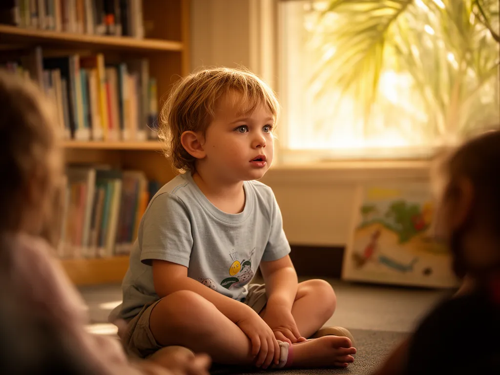A young child listening at library story time