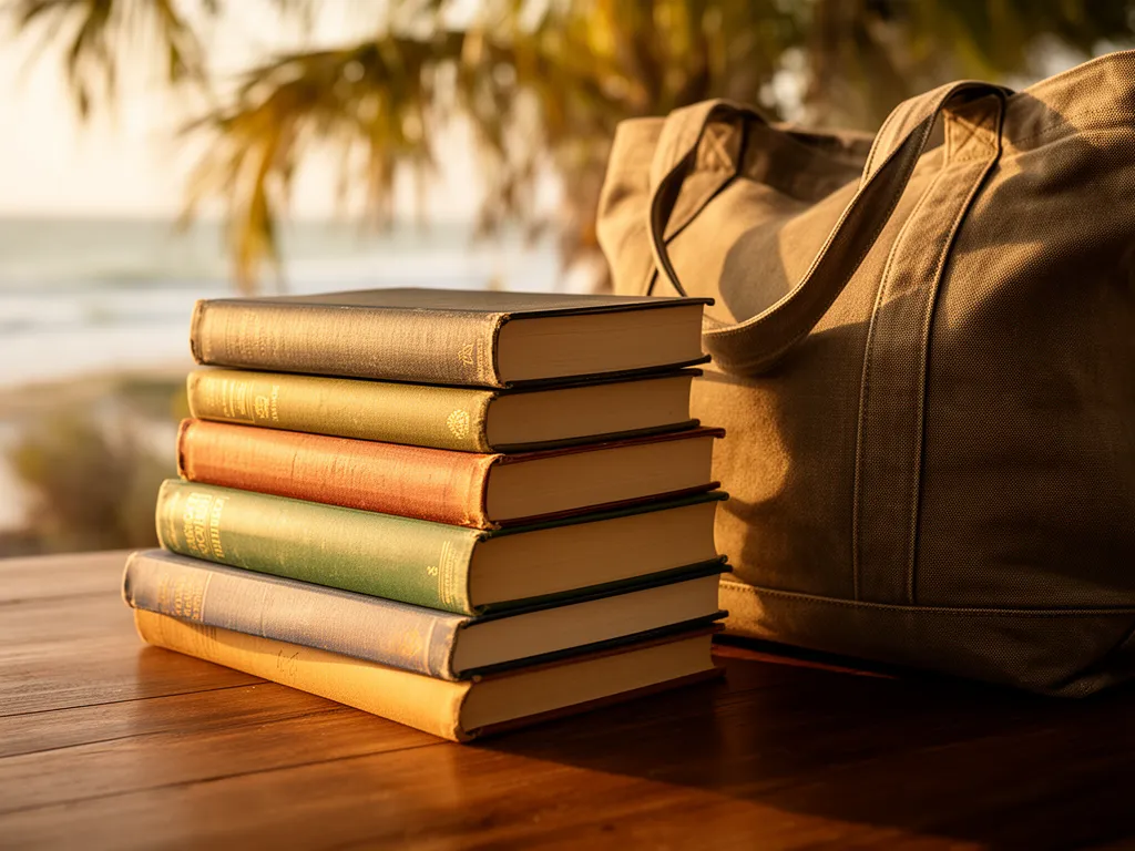 A person carrying a stack of borrowed library books and a canvas tote