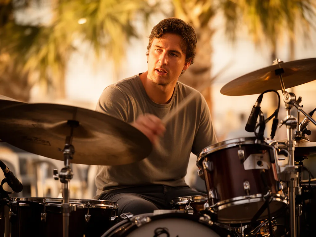 A drummer mid-song under warm stage light in Sarasota