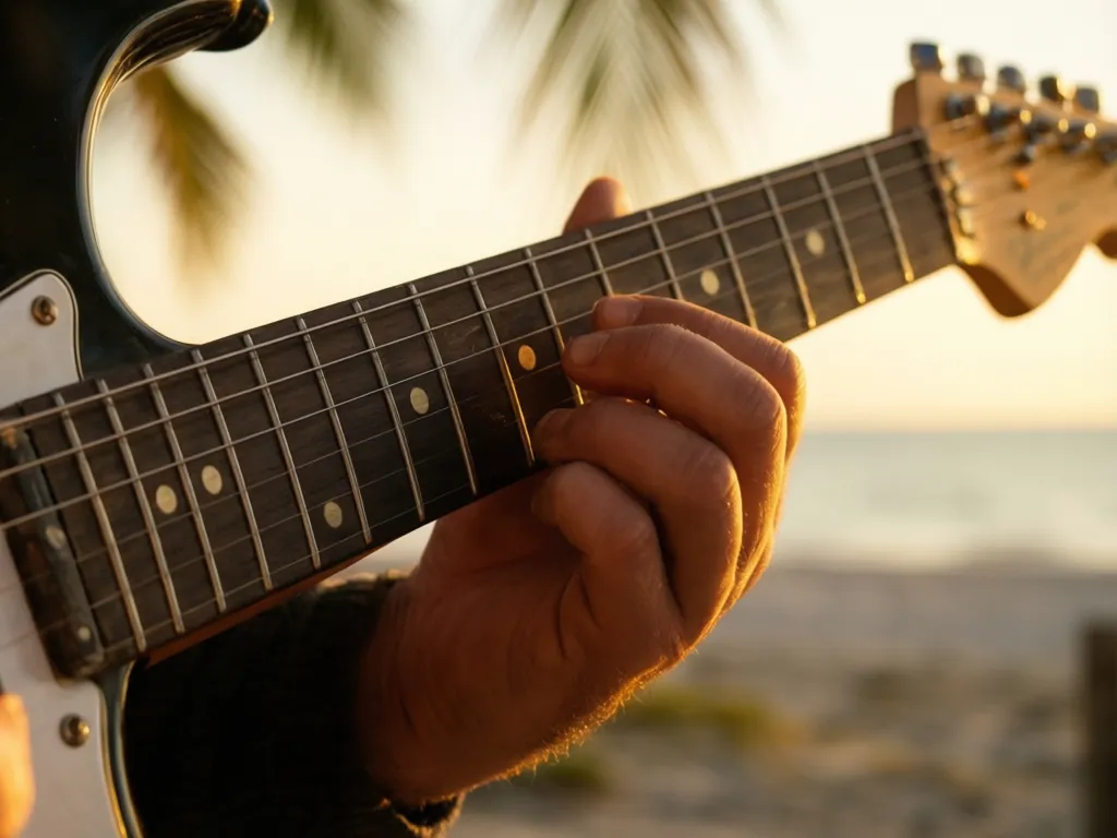 Fingers on a guitar fretboard under warm light