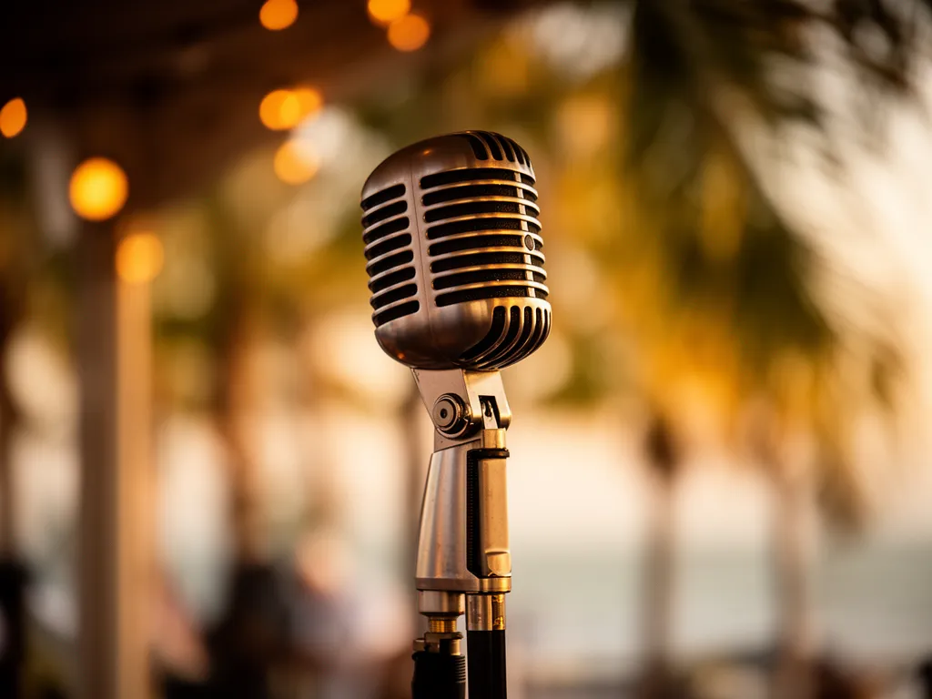 A vintage microphone with warm stage bokeh in Sarasota
