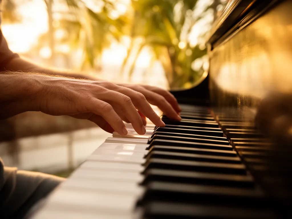 Hands on piano keys under warm light in Sarasota