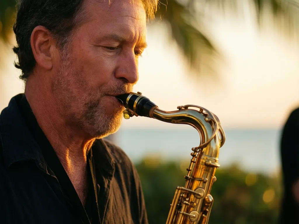 A saxophone player under warm light in Sarasota