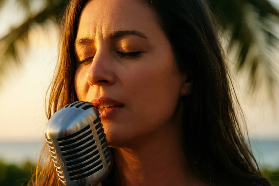 A singer at a vintage microphone under warm light in Sarasota