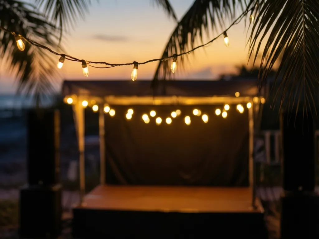 Warm string lights over a small outdoor stage in Lakewood Ranch