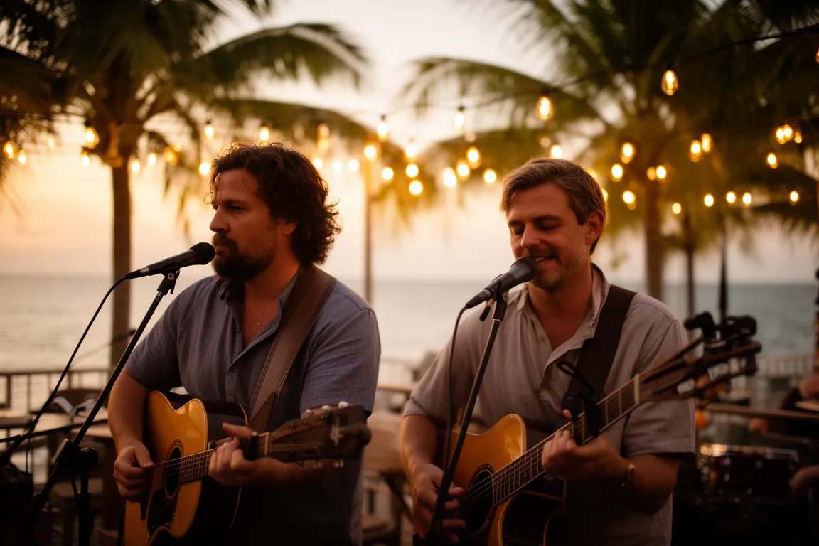 A band playing on a Sarasota waterfront patio at sunset