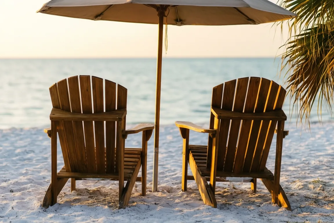Two beach chairs and an umbrella on quiet white Longboat Key sand facing the Gulf