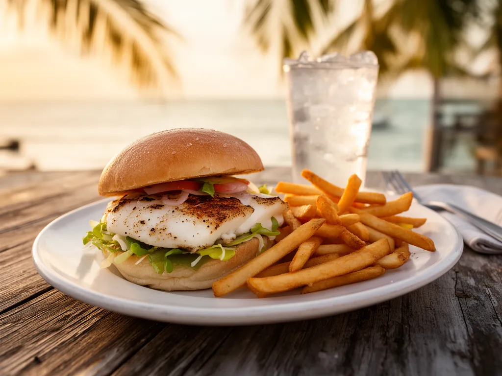 A grouper sandwich and a cold drink on a Longboat Key waterfront table
