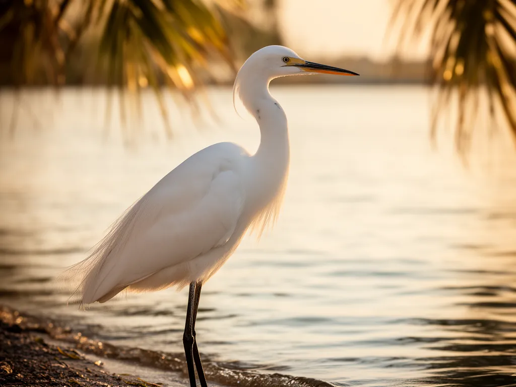 A white egret at the edge of calm bay water on Longboat Key