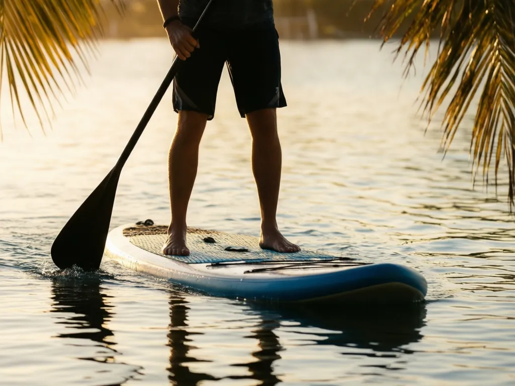 A paddleboarder on glassy calm water off Longboat Key