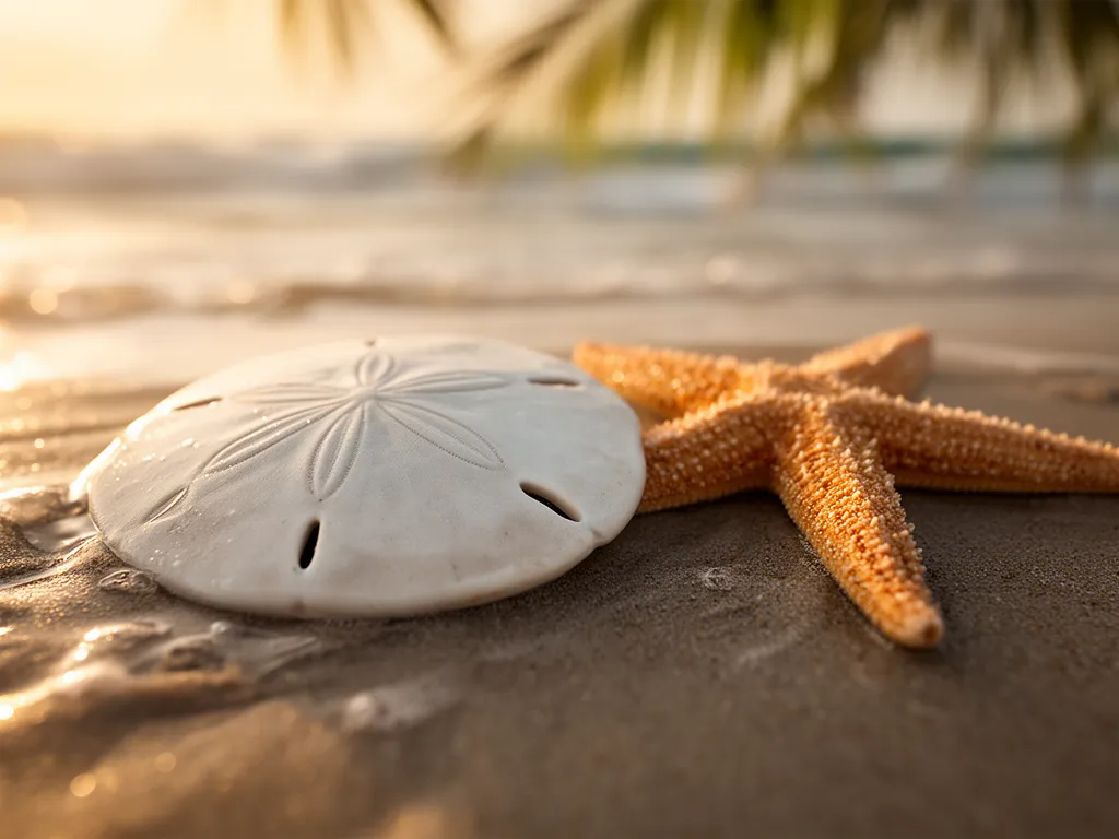 A sand dollar and starfish in wet sand on Longboat Key