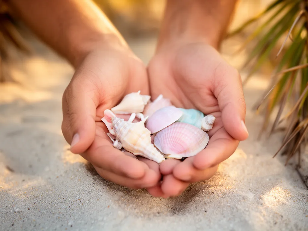 Hands holding pastel seashells over Longboat Key sand