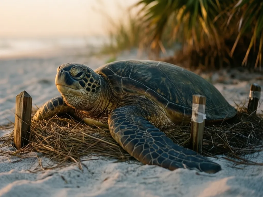 A marked sea turtle nest with wooden stakes on a Longboat Key beach at dusk