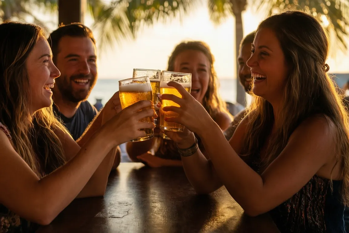 Friends raising beers and cheering at a Sarasota sports bar
