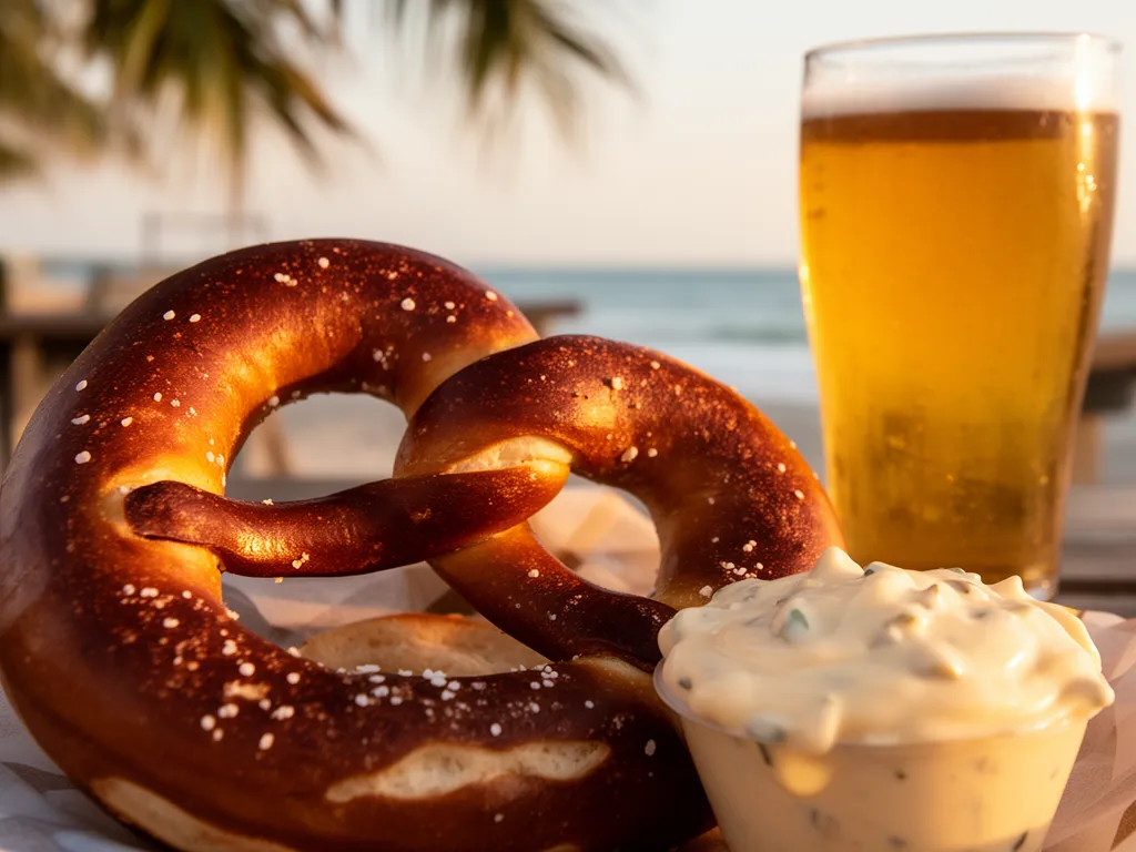 A soft pretzel with beer cheese and a beer