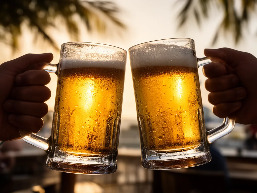 Two beer mugs clinking at a Sarasota sports bar