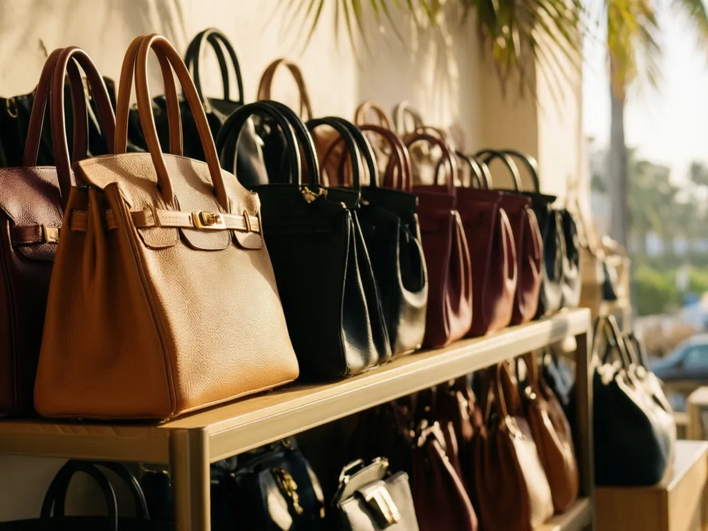 Row of pre-owned designer handbags on a consignment shelf