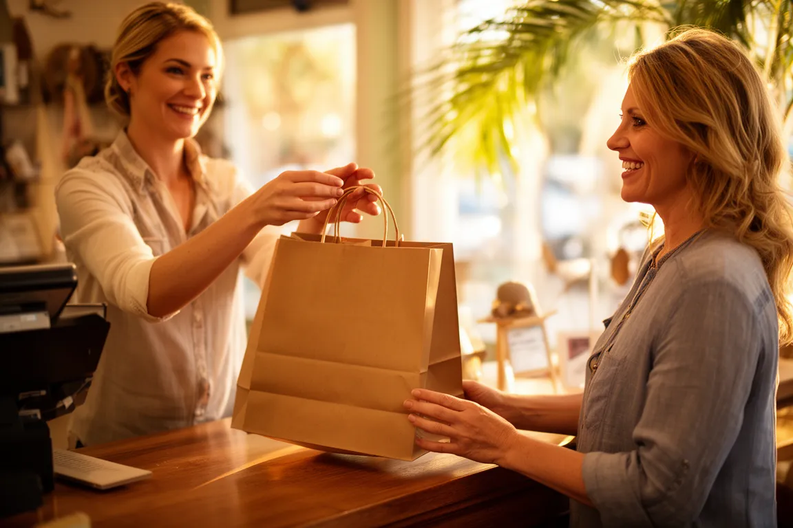 A friendly volunteer handing a paper bag across the counter at a Sarasota charity thrift store