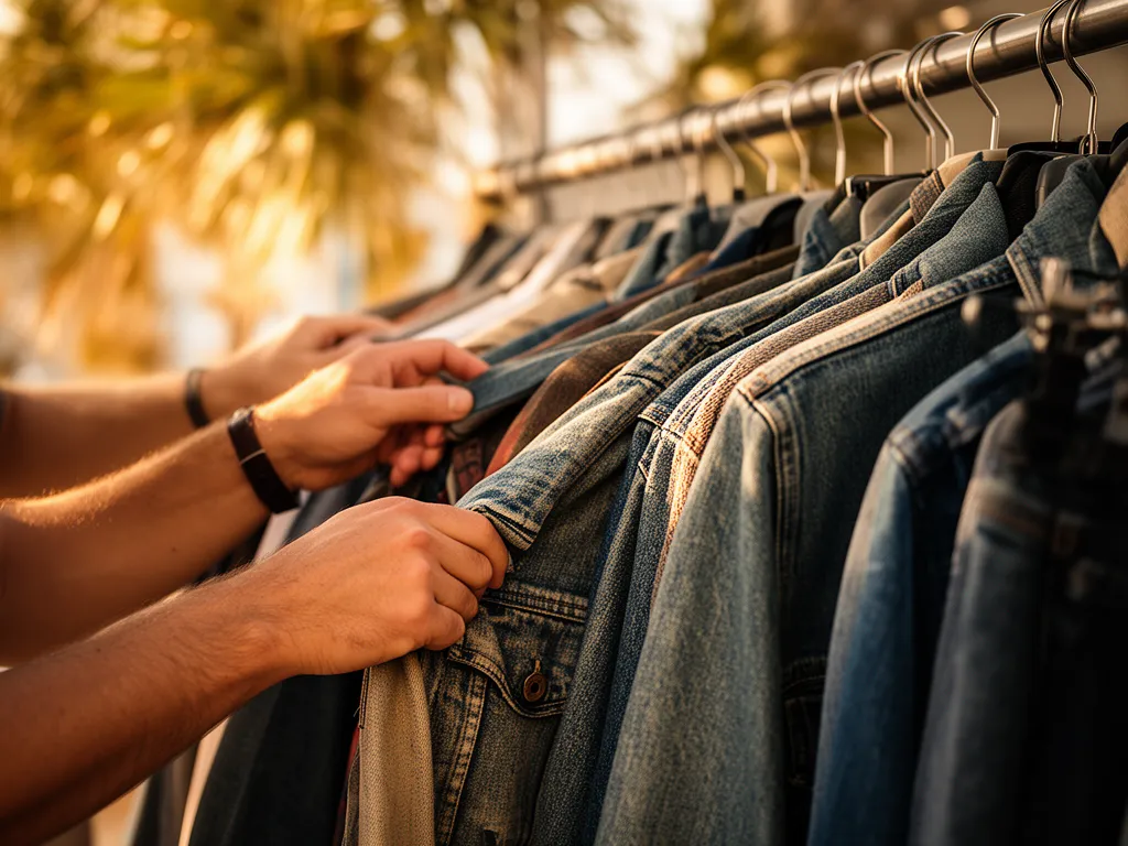 Hands flipping through a rack of vintage denim jackets