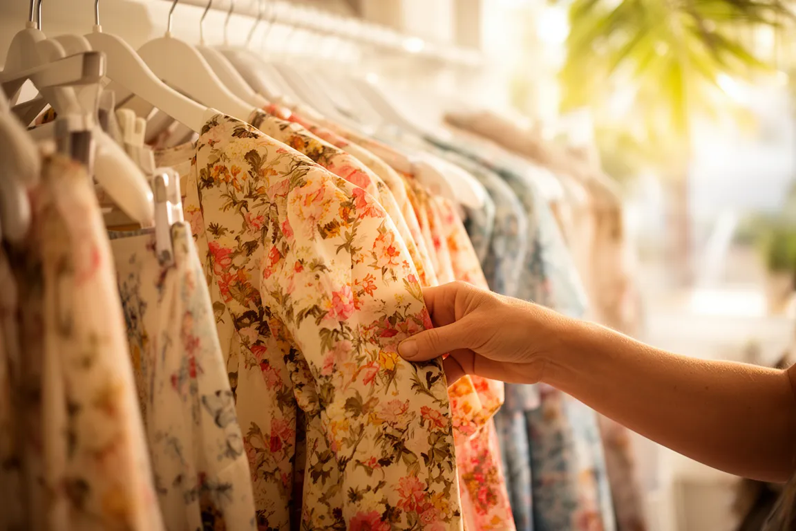 Rack of vintage floral dresses in a Sarasota vintage shop
