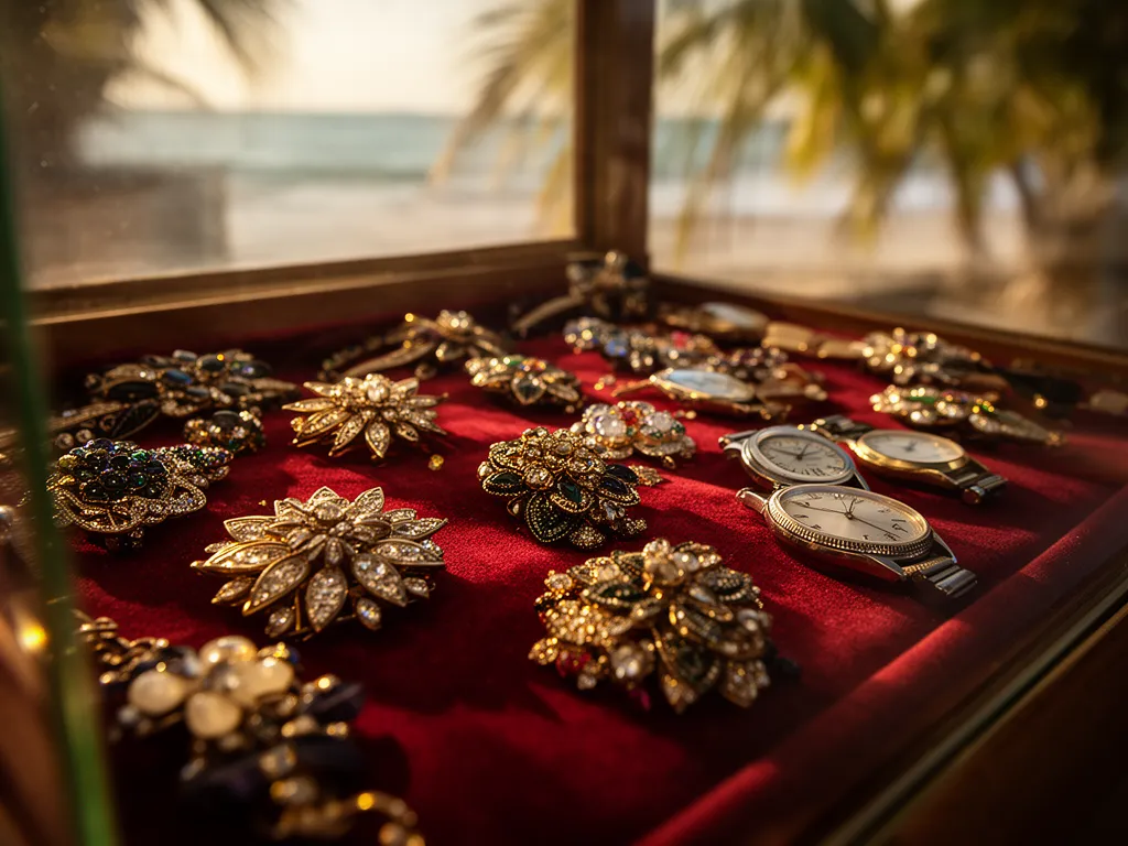 Glass case of vintage brooches, rings and watches on velvet