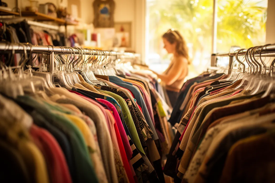 Densely packed racks of colorful secondhand clothing in a bright Sarasota thrift boutique