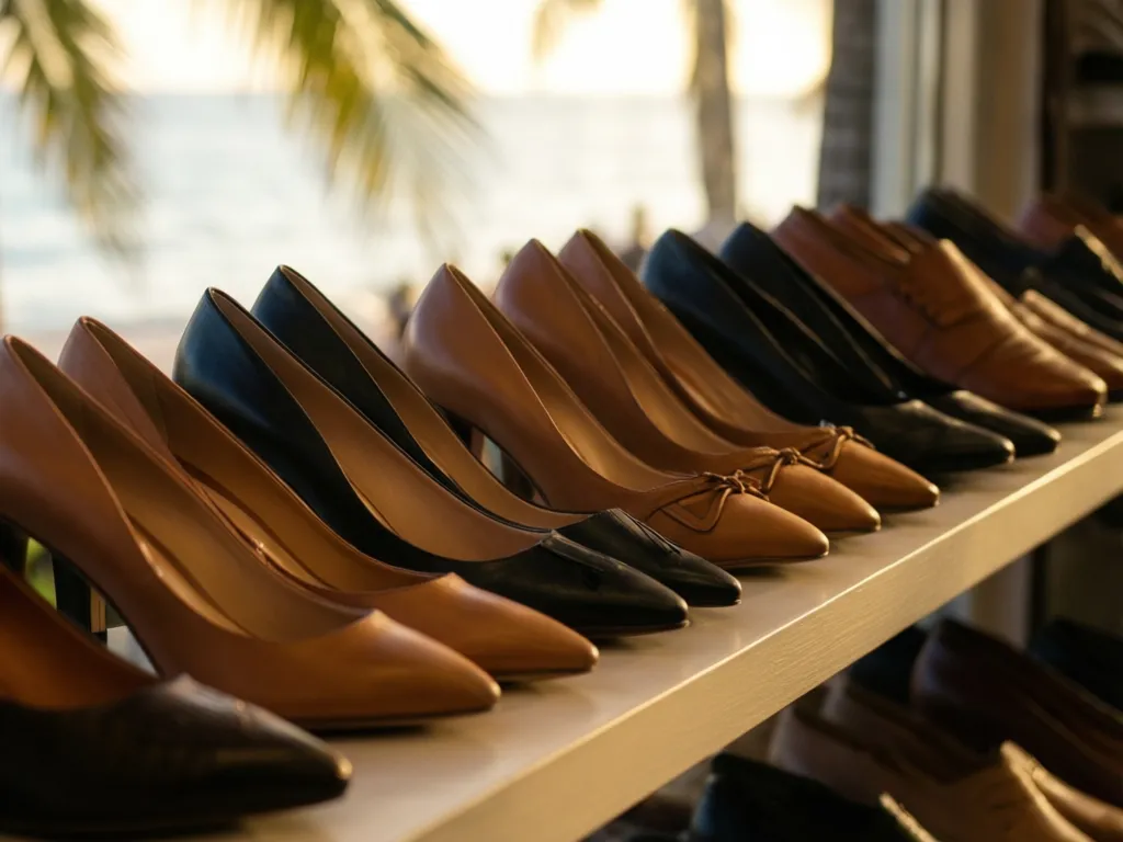 Pre-owned designer heels and leather shoes lined on a boutique shelf