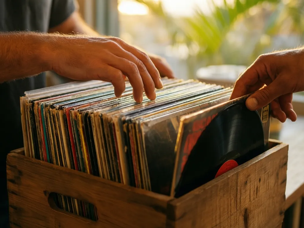 Hands flipping through a crate of vintage vinyl records