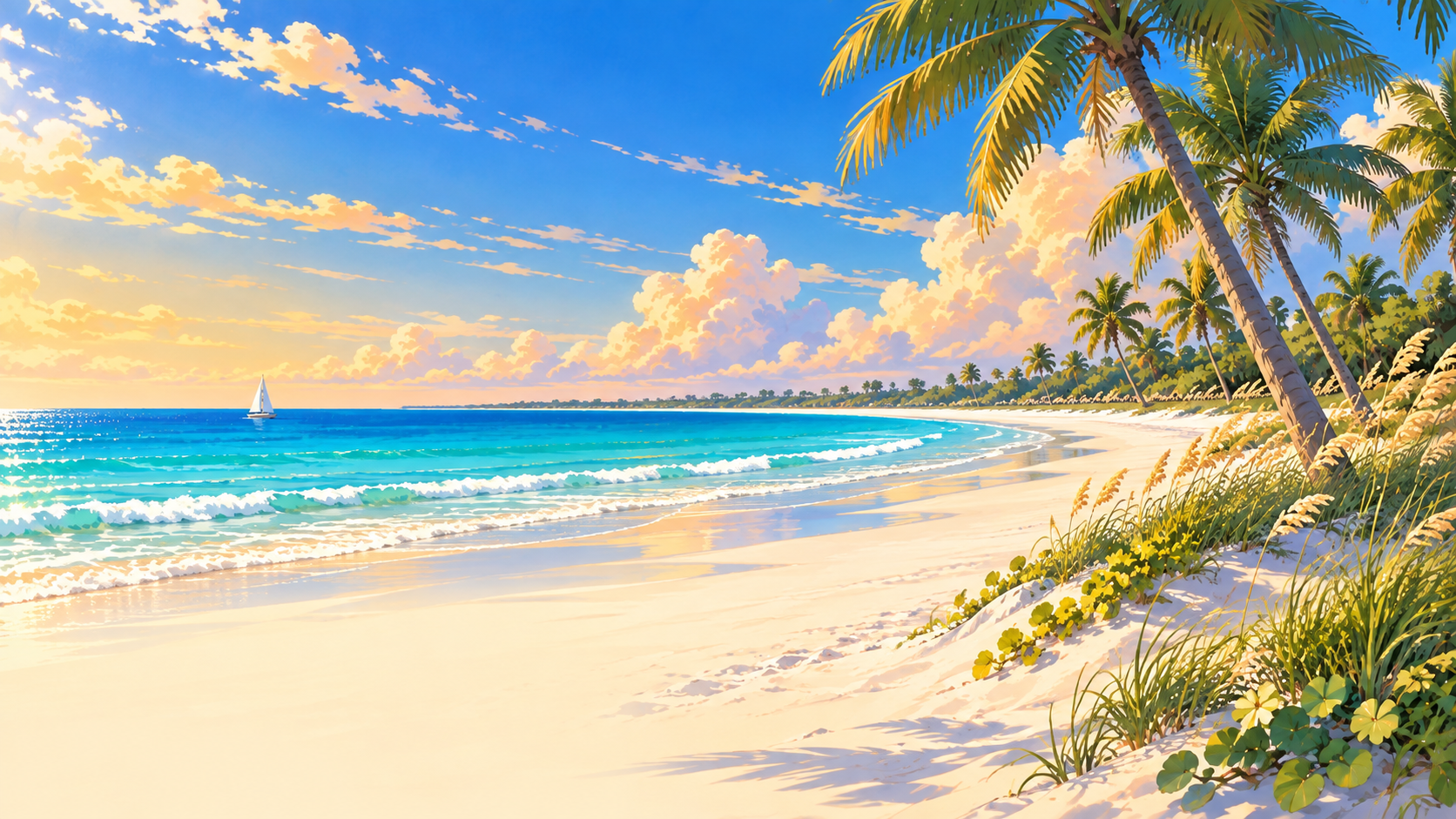 Illustrated Sarasota beach with palms, sea oats, and turquoise water